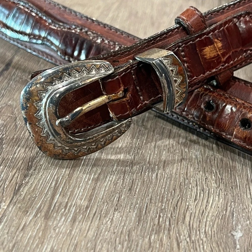 Vintage Brighton Hand Made USA Leather Patina Silver Buckle Clasp Ornate